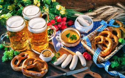 Bavarian sausages with pretzels   Octoberfest