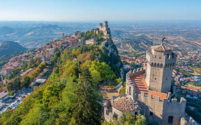 Aerial view of San Marino dominated by Torre Guaita