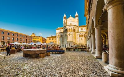 antique market in the main square of Modena in Italy