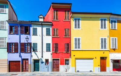 Parma, Italy   Colored medieval houses in city downtown