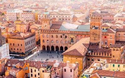 Bologna old town center with Maggiore square in Italy