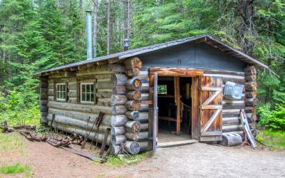 A logging cabin at a camp in the forest. Ontario, Canada