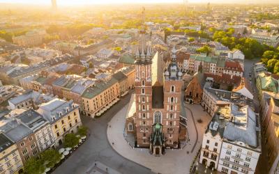 St. Mary's Basilica church at the main Market square or Rynek Glowny at sunrise in Krakow, Poland