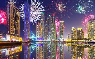 Dubai Marina with fireworks. UAE.