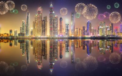 Dubai Marina with fireworks. UAE
