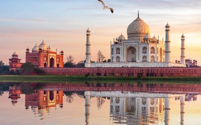 Famous Taj Mahal Mausoleum on the bank of the Yumana river in Agra, India