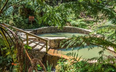 Thermal and hot pools in Caldeira Velha with tropical vegetation, São Miguel   Azores