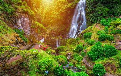 Waterfall at Parque Natural Da Ribeira Dos Caldeiroes, Sao Miguel, Azores, Portugal.