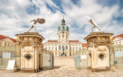 Panoramic facade view of Charlottenburg palace at sunny day