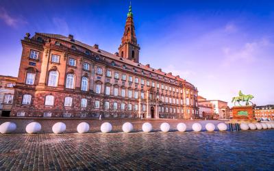 Copenhagen, Denmark. Christianborg in sunny day, Danish Parliament and city downtown.