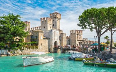 Romantic Rocca Scaligera, castle on the island of Sirmione, Lake Garda, Italy