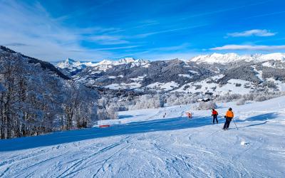 Winter skiing in Bellvue Saint Gervais les Bains, Alps mountain, France.