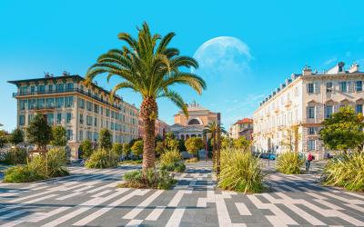 Architecture church of Eglise Saint Jean Baptiste with Esplanade de la Bourgada park with full moon   Nice, France