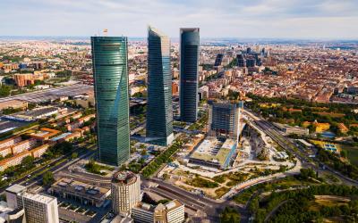 Aerial cityscape of Madrid with four modern business skyscrapers Cuatro Torres