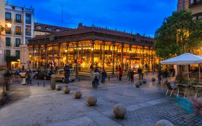 Night view of Mercado San Miguel in Madrid,