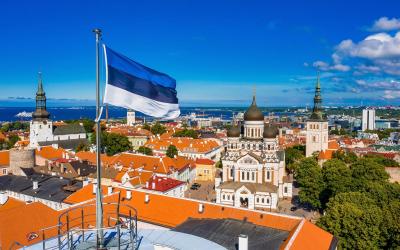 Estonian flag on Tall Hermann Tower in the Old Town of Tallinn, Estonia