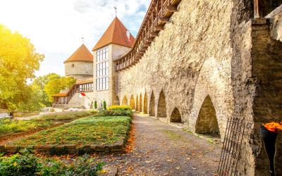 View on the castle wall with towers on Toompea hill in the old town of Tallin