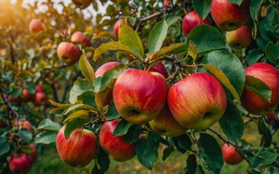 Ripe Red Apples Hanging On Branches In Sunny Orchard View