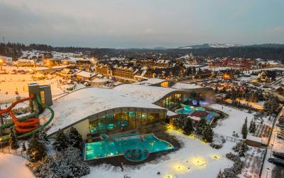 Bania Thermal Bath and Ski Resort Drone View at Winter. Polish Winter Capital.