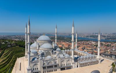 Camlica Mosque in Sunset Drone Photo, Camlica Hill Uskudar, Istanbul Turkiye (Turkey)