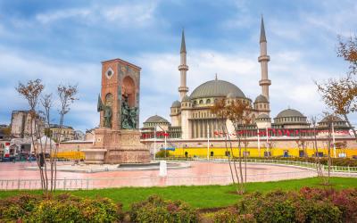 Taksim square in Istanbul mosque and street view, largest city in Turkey
