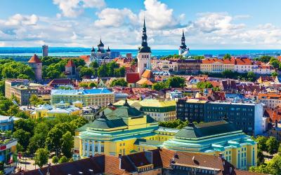 Scenic summer aerial view of the Old Town architecture in Tallinn, Estonia