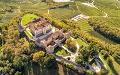 Aerial View of Castel Thun, gothic, medieval hilltop castle, Vigo di Ton, province of Trento, Italy