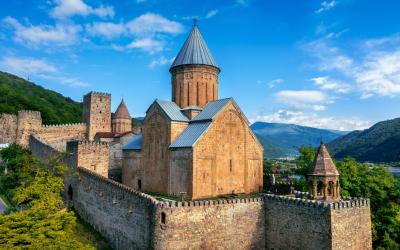 Aerial view of Ananuri Fortress Complex in Georgia.