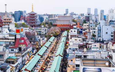 Asakusa shrine and Sensoji temple and pagoda at end of the Nakamise