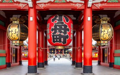 Hozomon gate of Senso ji temple in Asakusa, Tokyo, Japan (translation on lantern Kobune town)