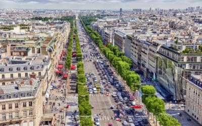 Beautiful panoramic view of Paris from the roof of the Triumphal Arch. Champs Elysees.