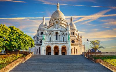 Basilica of the Sacred Heart in Montmartre, Paris, beautiful front sunset view