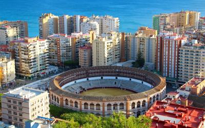 Aerial view of Malagueta district and bullring (Plaza de Toros La Malagueta), Malaga, Andalusia, Spain