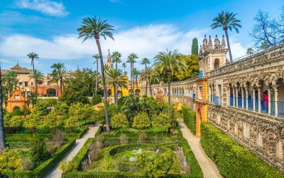 Exterior and garden of Real Alcazar Destination in Sevilla, Spain