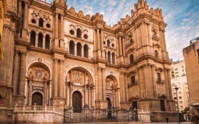 Facade of the Cathedral church (Catedral de la Encarnacion) of Malaga, Spain.