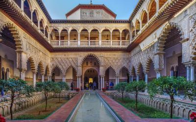 Royal Alcázars of Seville or Alcázar of Seville.The courtyard of the Maidens or Patio de las Docellas