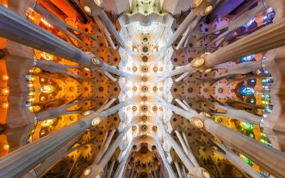 Barcelona, Spain   Interior of La Sagrada Familia cathedral, designed by Gaudi