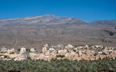 Beautiful traditional arabian city Al Hamra among palm oasis and mountains, Oman