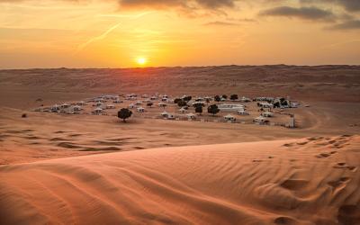 A desert and dune landscape at sunset time in Wahiba desert, Oman
