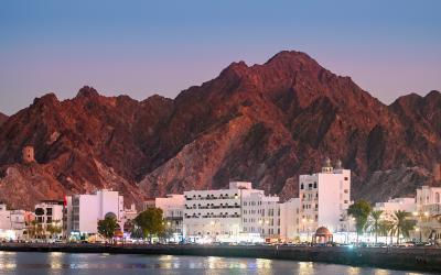 Panoramic view of Muscat Muttrah district with waterfront, traditional architecture on September 14.2024 in Oman