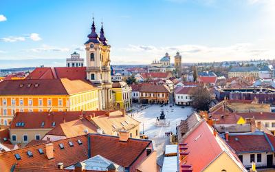 Eger, Hungary, view over medieval Old town from the historical fortress on sunset