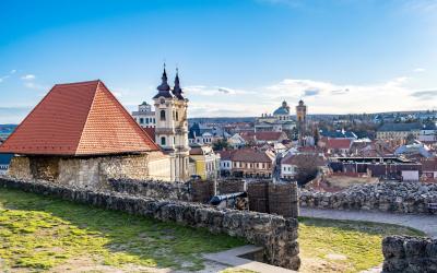 Eger, Hungary, view over medieval Old town from the historical fortress on sunset..
