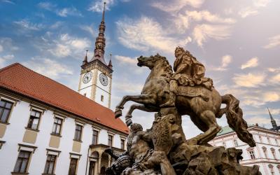 Caesar Fountain and Town Hall Clock Tower in Olomouc in winter time