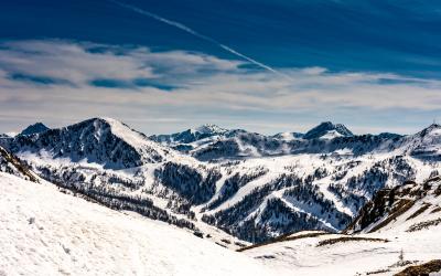 snowy mountains panorma in french alps in the ski resort isola 2000, france