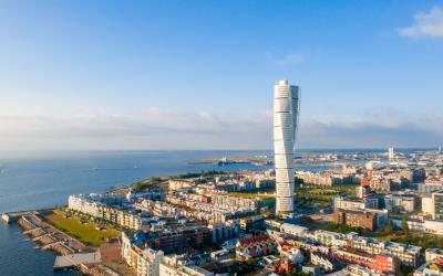 Beautiful aerial view of the Vastra Hamnen (The Western Harbour) district in Malmo, Sweden