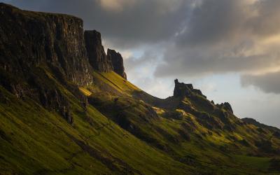 Dramatic autumn sunrise at the Quiraing, Isle of Skye, Scotland.