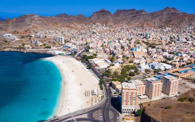 Aerial view of Laginha beach in Mindelo city in Sao Vicente Island in Cape Verde