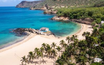 Aerial view of Tarrafal beach in Santiago island in Cape Verde