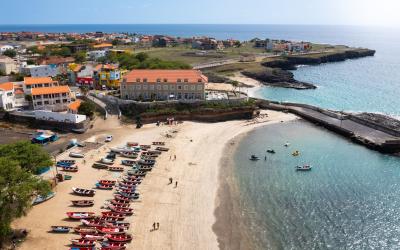 Aerial view of Tarrafal beach in Santiago island in Cape Verde